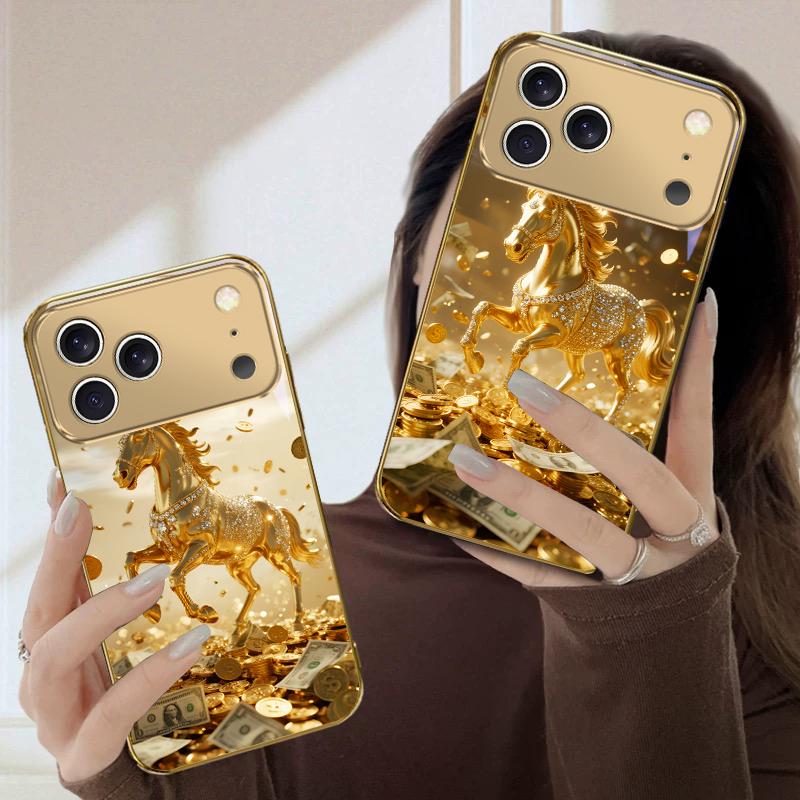 Прекрасный золотой конь Для iPhone Air 16 E 15PRO 14 13 Plus 12 mini 11 17 Pro Max XR 16E 17ProMax 17Pro Золотой стеклянный чехол для телефона