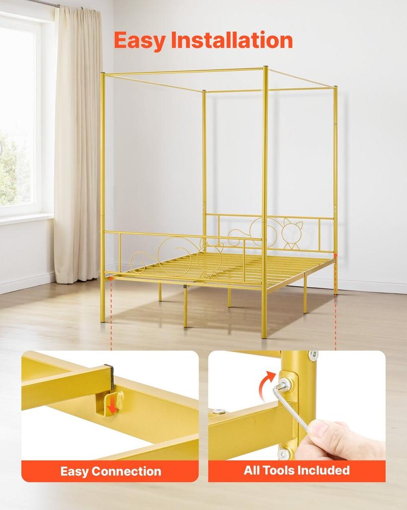 Full Size Canopy Bed Frame, Metal Canopy Bed with Minimalist Headboard & Four Posters Design, Heavy Duty Steel Slats Support, Underbed Storage Space,