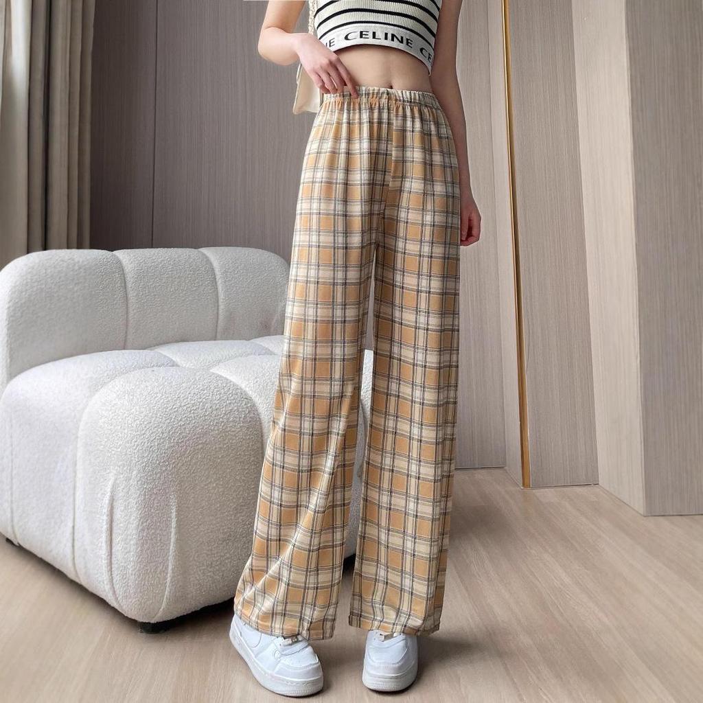 Plaid High-Waist Wide Leg Pants - Lightweight, Versatile, Plus Size, Women's Slimming Loose Fit, Spring/Summer Style.