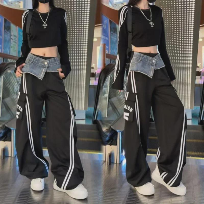 Женские полосатые джинсовые брюки-комбинезон с карманами - осенняя мода, широкий фасон