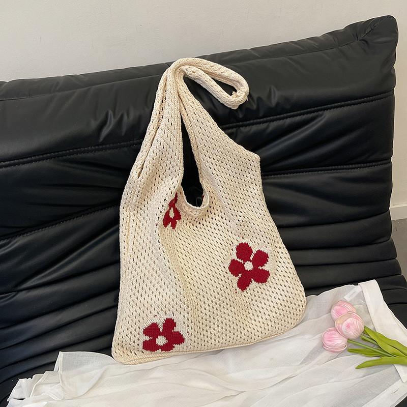 Flower Hollowed Knitting Bag Oversized Casual Tote With Open Top Design And Dual Shoulder Straps For Women