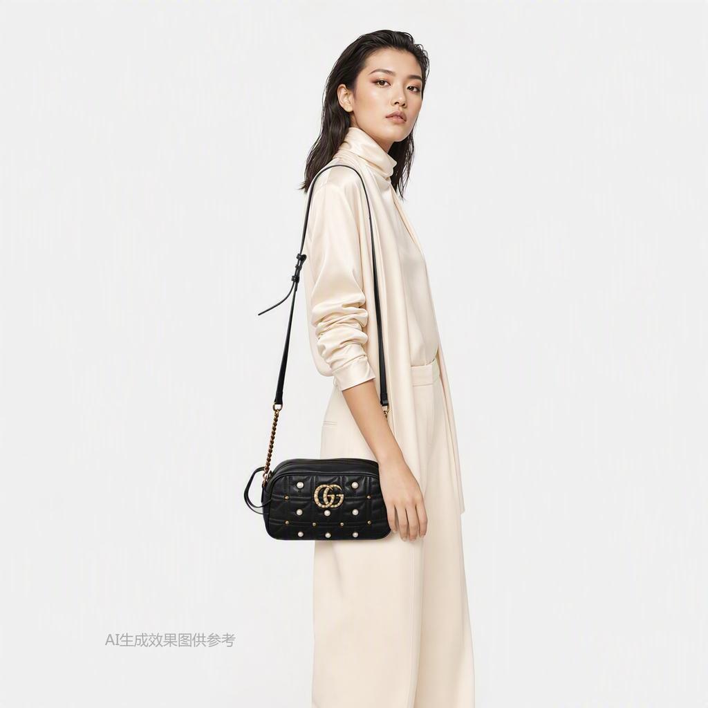 [Pre-Owned] GG Marmont Small Black Leather Quilted Shoulder Bag - Very Good #1XP1GEO