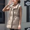 Women Light Weight Middle Long Thermal Seamlessly Sleeveless White Duck Down Jacket Waistcoat Pocket All Match Chic Stand Collar Vest
