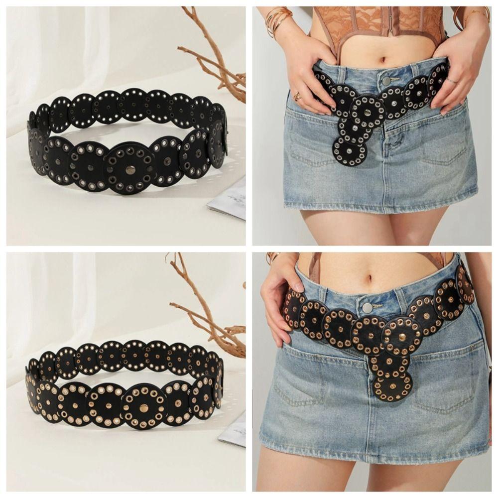 Retro Rivet Wide Belt Y2k Concho Waistband Fashion Disc PU Hollow Belt Girls