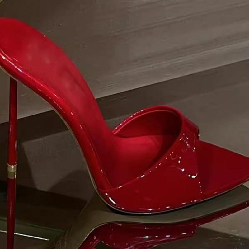 Fashion Red Patent Leather Heeled Sandals Shallow Slip On Mules Solid Sexy Heels Stiletto Summer Shoes Peep Toe One Strap Sandalias