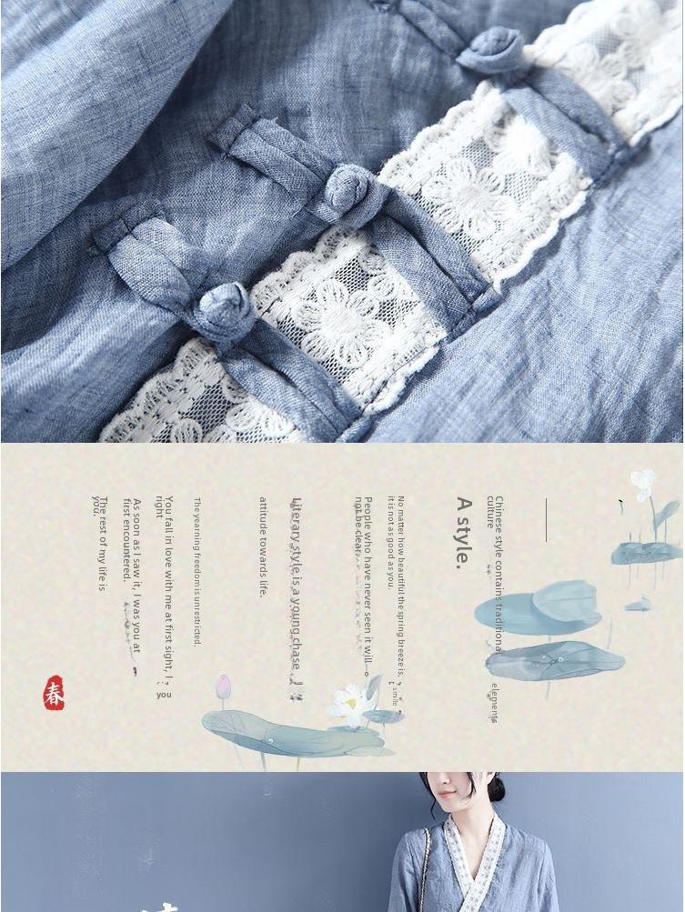 Женская кружевная рубашка из хлопка и льна с рукавом три четверти, весна/осень 2024 г., ретро-стиль, с косым воротником и пуговицами