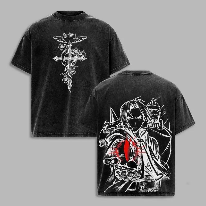 Anime Mustang Roy Fullmetal Alchemist Graphic Print T-Shirt Men Women Streetwear Harajuku Hip Hop Vintage Washed Cotton Oversized Top Summer New Tee