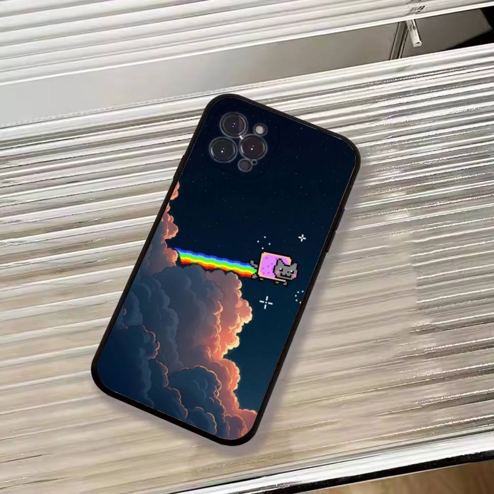 Милый Чехол для Телефона N-Nyan Cat Для iPhone 17,16,15,14,13,12,11 Plus,Pro Max,XS,Мягкий Силиконовый Черный Чехол