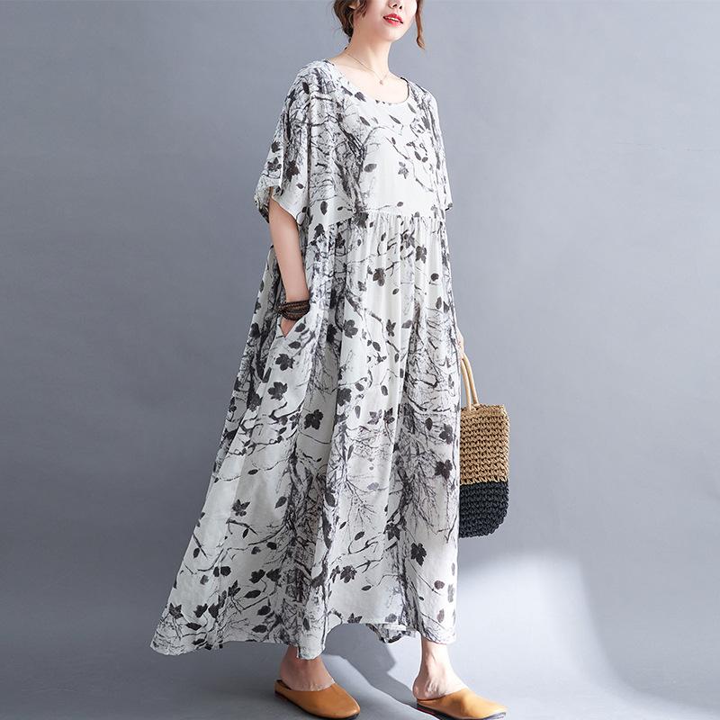 Летнее платье Chubby MM Loose Slimming Printed Cotton Linen с короткими рукавами для женщин