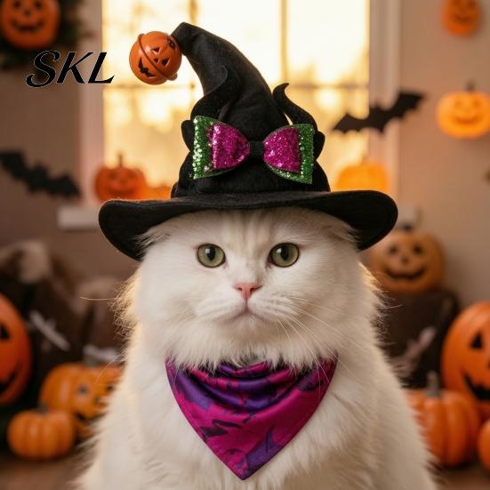 Pet Halloween Hat Cat Wizard Hat, Bent Pointed with Pumpkin Bell, Sequined Bow Festive for Cats Small Dogs Stiff Felt