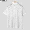 INCERUN Летние мужские кружевные сетчатые прозрачные футболки с коротким рукавом с лацканами и короткими рукавами