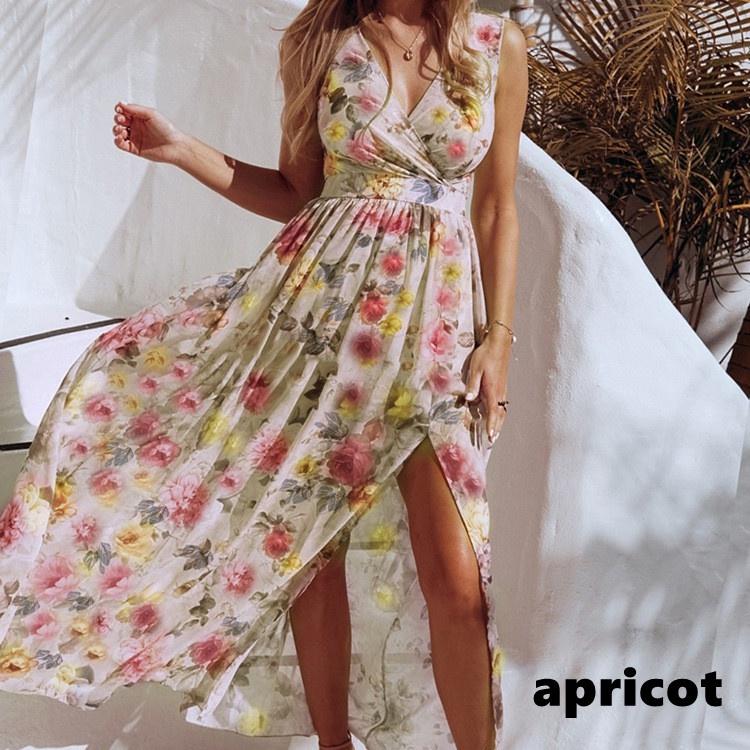 Женское платье в стиле бохо, длинная юбка с цветочным принтом и глубоким V-образным вырезом, летнее пляжное вечернее платье, сарафан без рукавов, длинное платье с разрезом