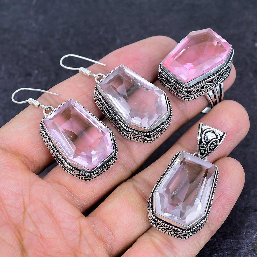 Natural Pink Kunzite Gemstone Handmade 925 Sterling Silver Jewelry Set P5r71