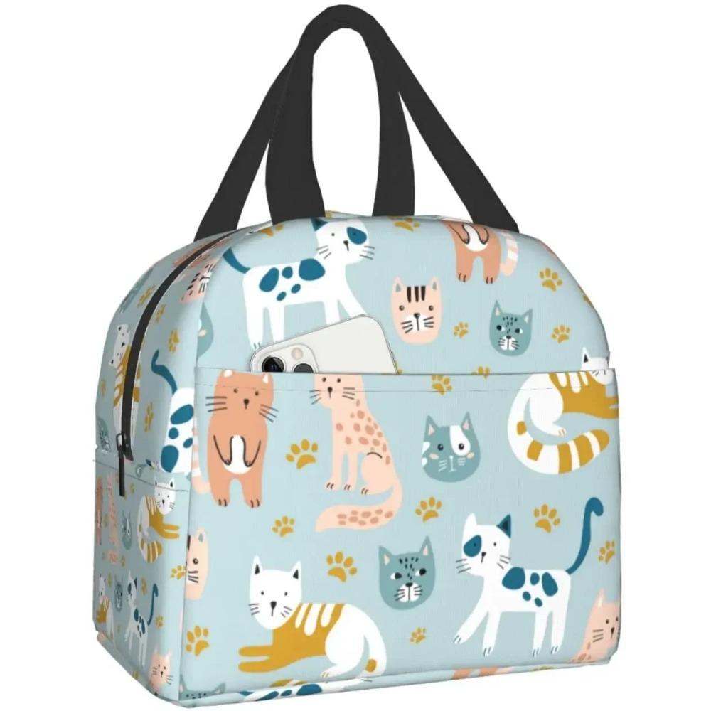 Cat Insulated Lunch Bag Reusable Cooler Thermal Tote Bag with Front Pocket for Women Men Travel Work Hiking Picnic Lunch Box