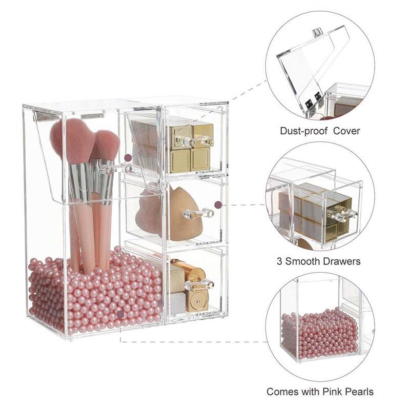 Clear Makeup Brush Organizer, Storage Rack with Drawers, Storage Box with Lid and Pearls for Storing Makeup Tools and Jewelry