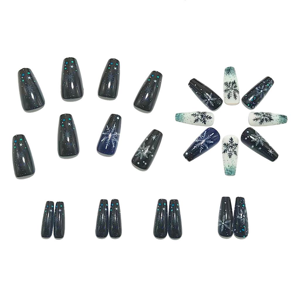 Christmas Long Winter Snowflake Wear Nails Black Blue And White Gradient Glitter Nail Art Patches Fake Nail Patches