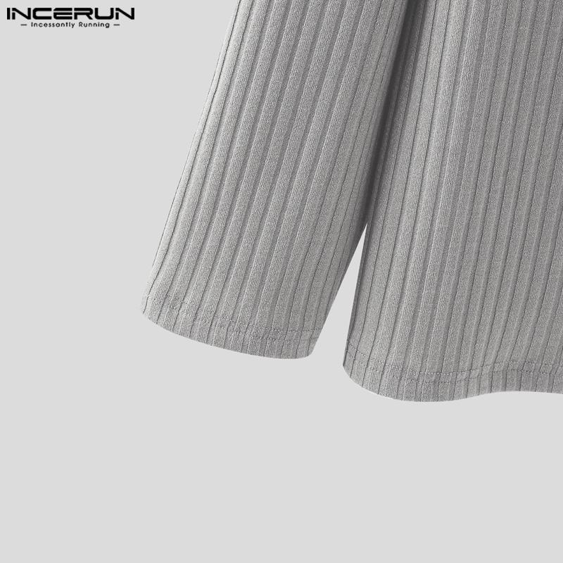 INCERUN Осень Зима Мужские Пуловеры Топы с Лацканами, Длинным Рукавом, Повседневной Текстурой в Рубчик