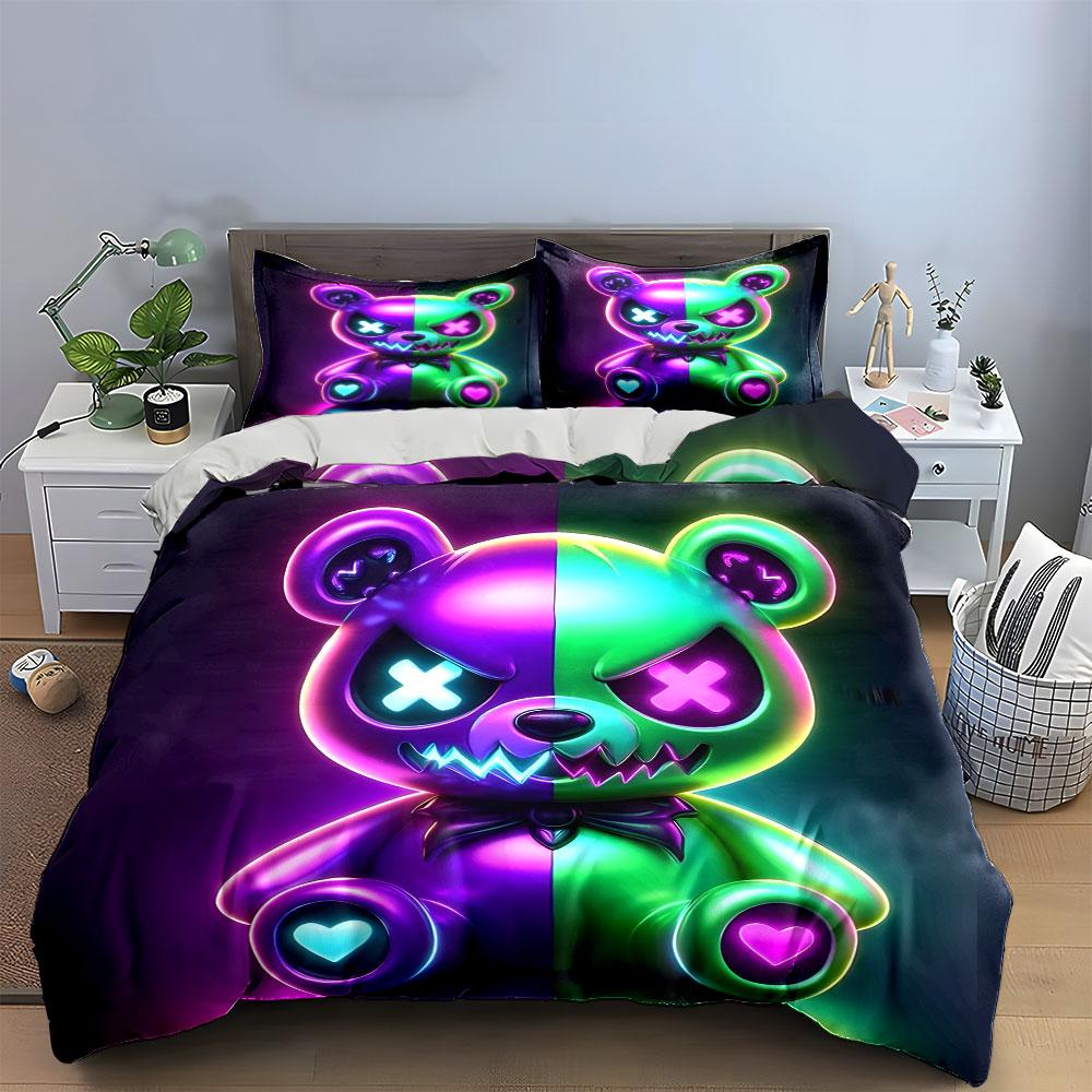 Neon Glowing Bear Plush Art Bedding Duvet Cover Set (1*Duvet Cover 2*Pillowcases, without duvet insert)