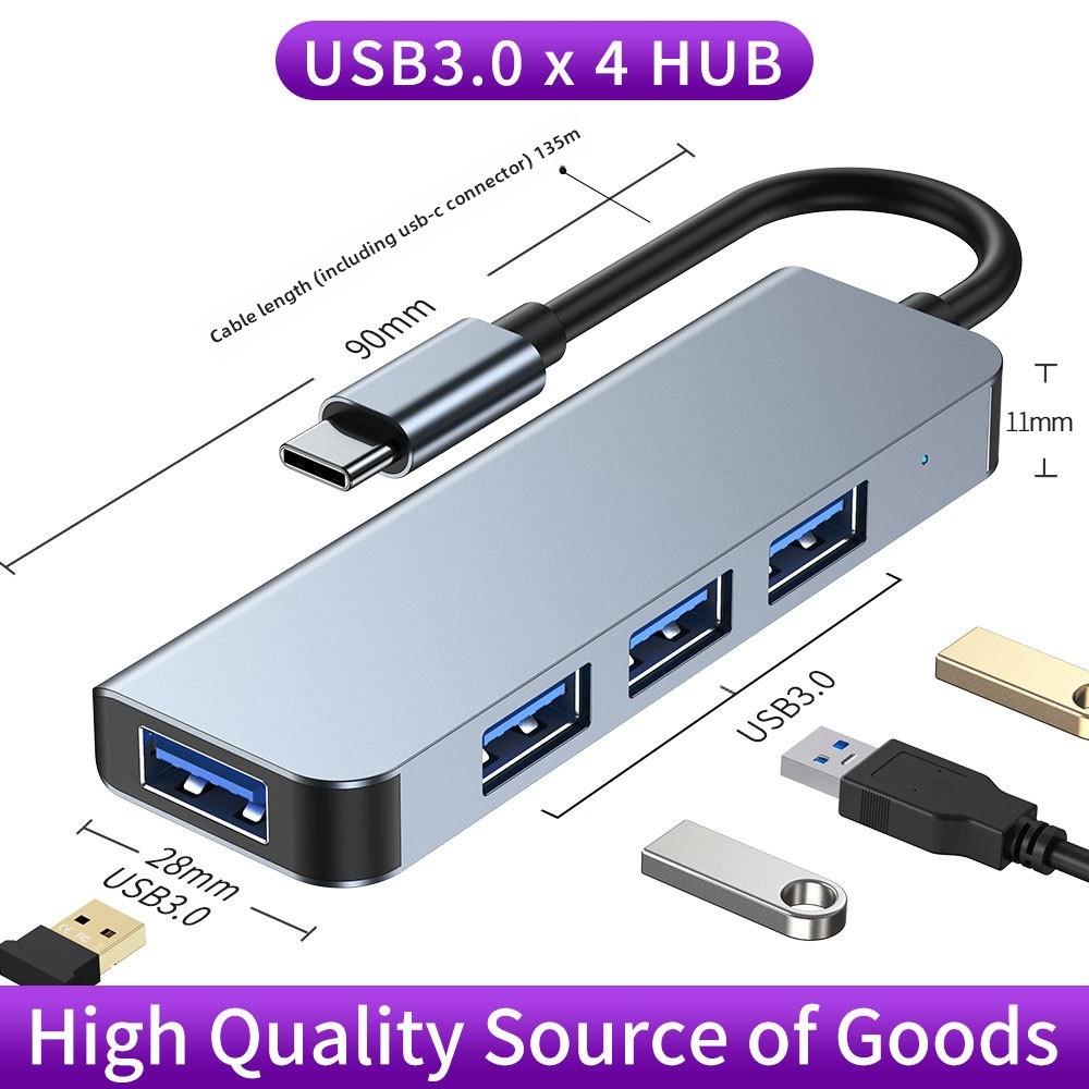 Адаптер-хаб Type C на USB 3.0 для ноутбука MacBook, расширение на 4 порта, высокоскоростная передача данных, разветвитель