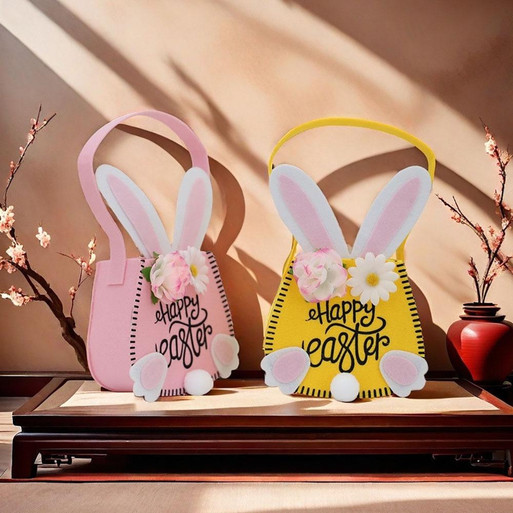Easter Tote Bag with Handle Reusable Easter Bunny Gift Bag New Happy Easter Handbag Basket Bunny Decorations Simple Storage Bag