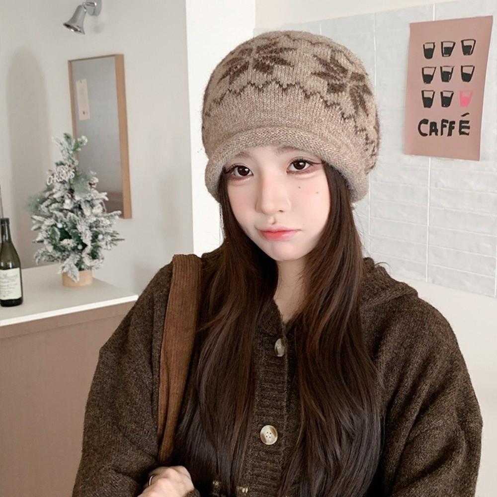 Drawstring Beanies Hat Snowflake Printed Winter Hat Fashion Knitted Hat Autumn