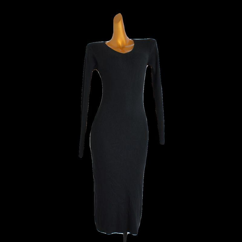 Fall and Winter New Arrival Black V-neck Long Sleeve Knitting Dress Female Silm Slim Looking Stretchy Underwear Mid Length Long Length Bodycon Dress