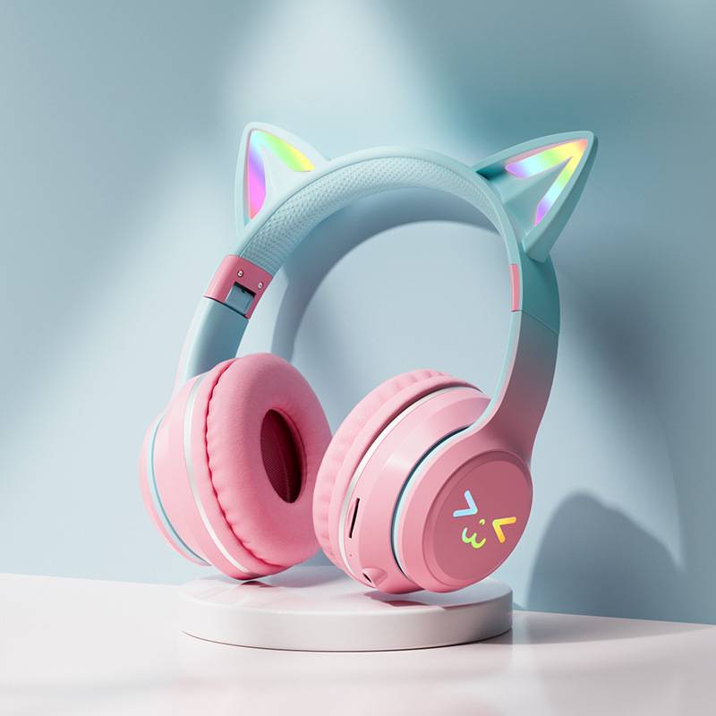 Беспроводные наушники с градиентом RGB, милые кошачьи ушки, Bluetooth наушники с микрофоном, стерео музыкальные игровые наушники, подарки для девочек и детей