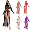 Women Sheer Maxi Dress High Slit Design Hooded Face Cover Long Sleeves Hollow Out Mesh Coverup Gown