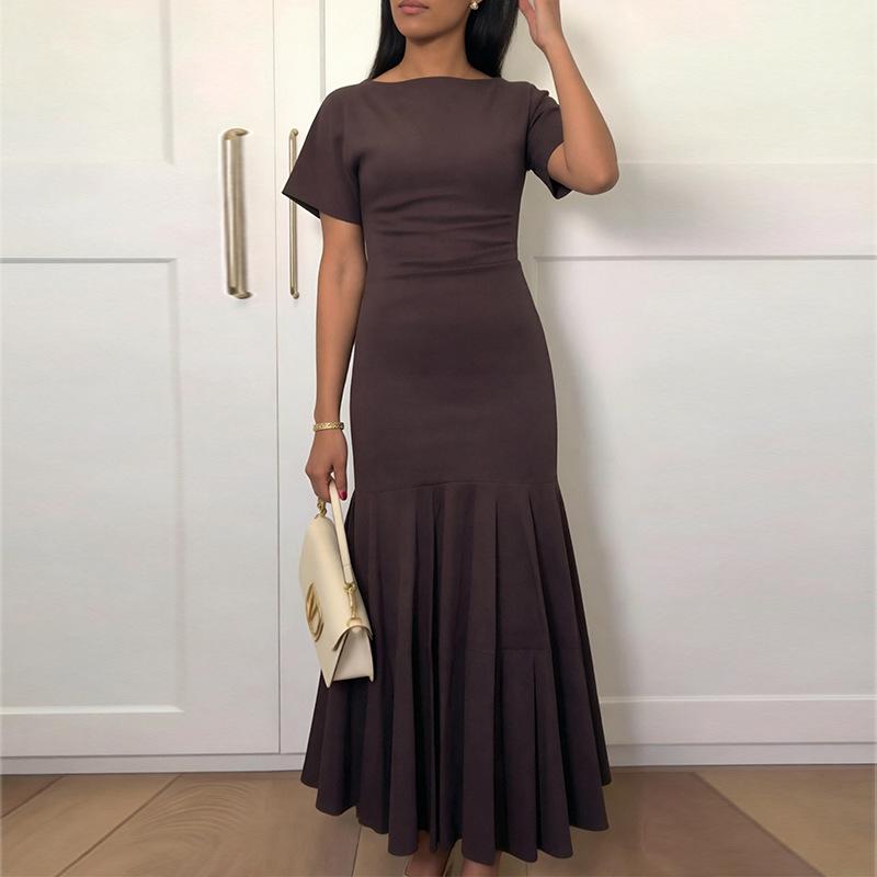 Spring new women's clothing, fashionable and elegant solid color splicing pleated slim dress