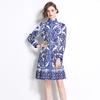 Spring Autumn Fashion Colorful Porcelain Print Runway Dress Women's Stand Long Sleeve Belt A Line Party Dresses