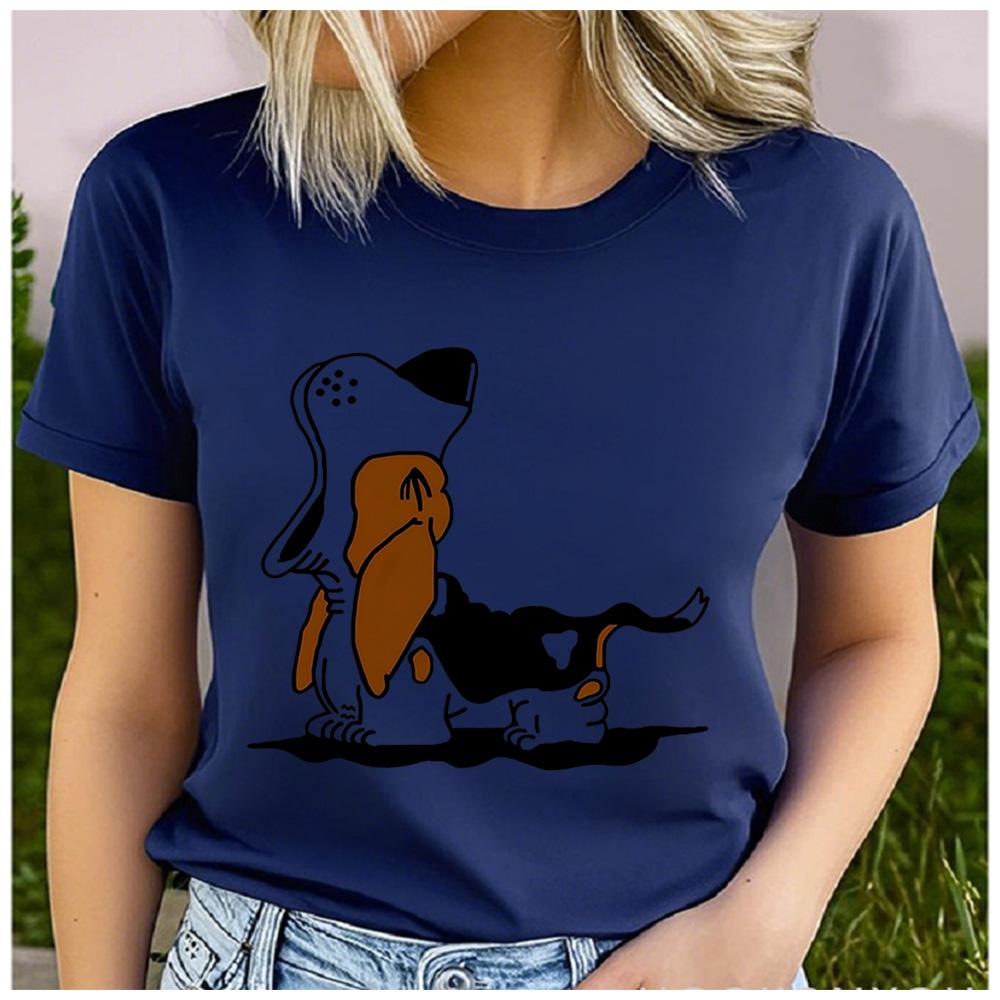 Polyester 100% Retro Sketch Basset Hound Dog Graphic Women T-Shirt Pet Lover Casual Short Sleeve Tee