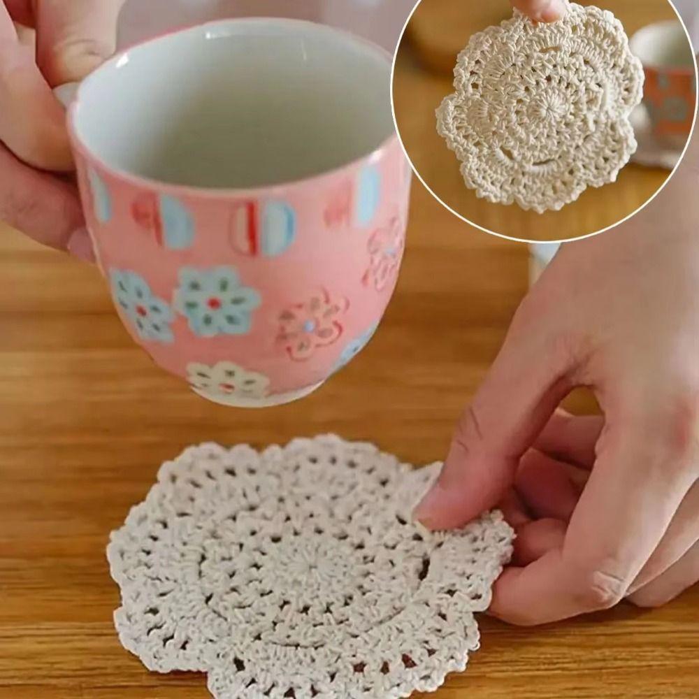 2/4Pcs Knitted Texture Lace Floral Coasters Vintage Round Woven Placemats Coffee Table