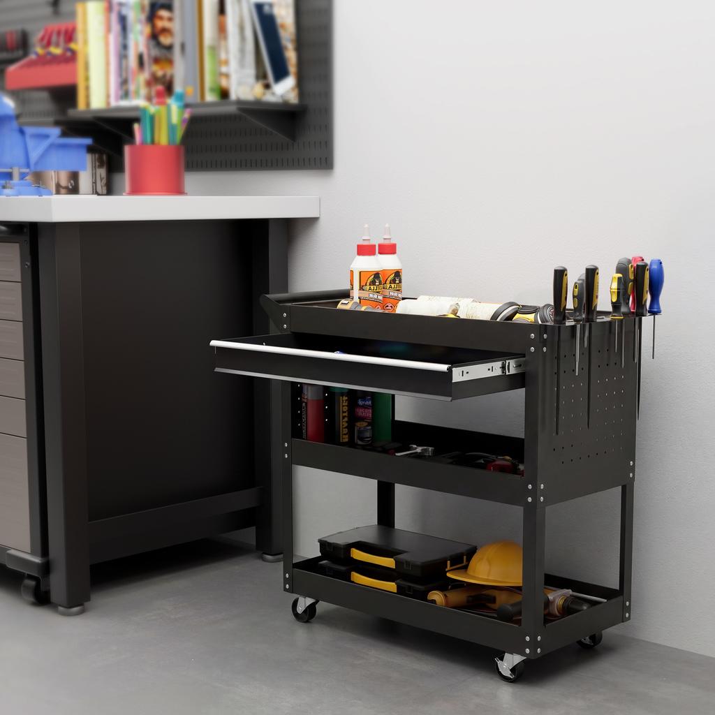 3-Tier Tool Trolley Cart Storage Shelf Roller Cabinet DIY Box Garage Workshop with Drawer Black
