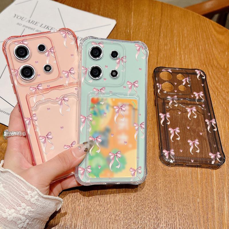 Мягкий силиконовый чехол с бантом и слотом для карт для телефона Xiaomi 14T 13T Pro Poco F6 Pro X6 C65 Redmi Note 13 12 Pro 11, противоударный прозрачный чехол-бампер