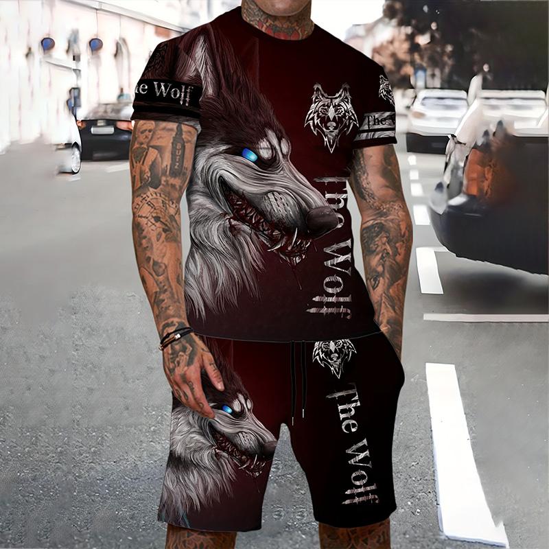 Мужской костюм, летний повседневный дышащий освежающий костюм с принтом 3D волка, свободный мужской топ, модный, короткие рукава