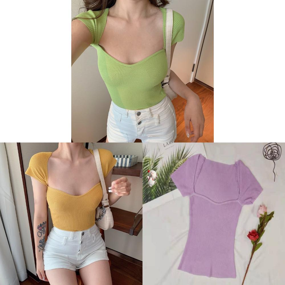 Womens Short Sleeve Knit Top With Splicing Design For Summer Casual Wear