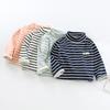 Осенне-зимние детские топы для девочек, водолазка с длинными рукавами и полуводолазкой для девочек, топ в полоску с принтом, футболки