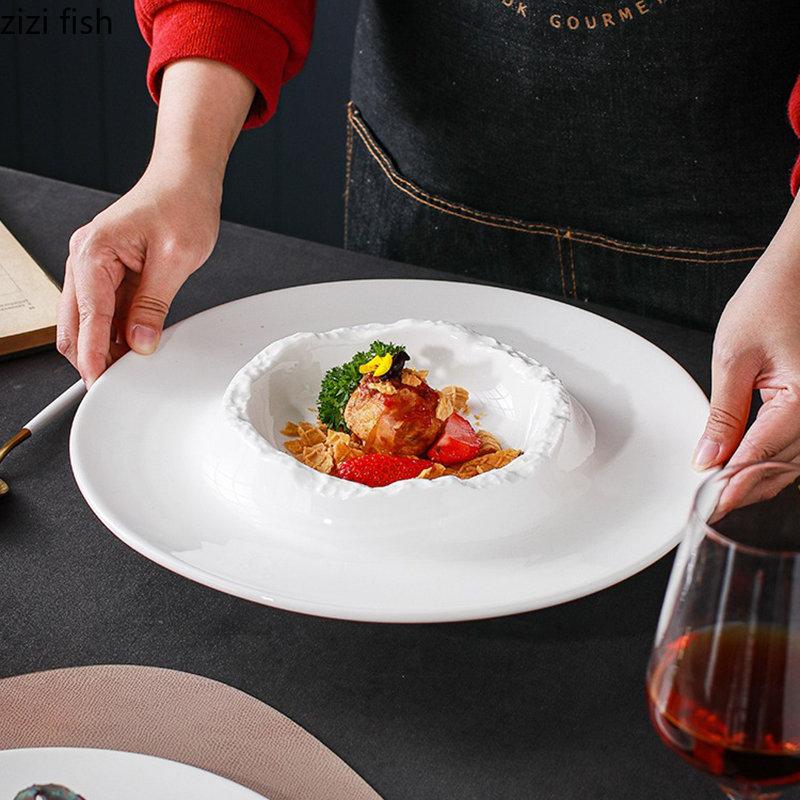 Ceramic Dinner Plate Restaurant Creative Irregular Thick Soup Plate Pasta Plate Snack Plates Dessert Dish Solid Color Tableware