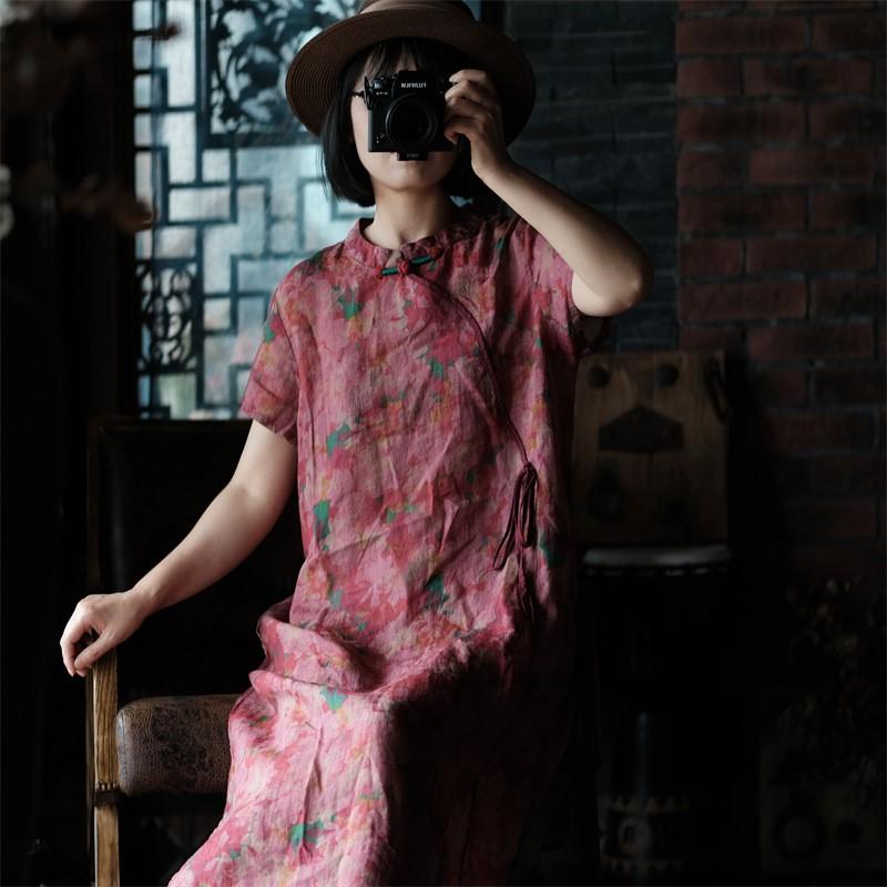 Johnature Summer Woman Vintage Style Linen Print Disc Buckle Dress V-Neck Chinese Style Short Sleeves Casual Dress