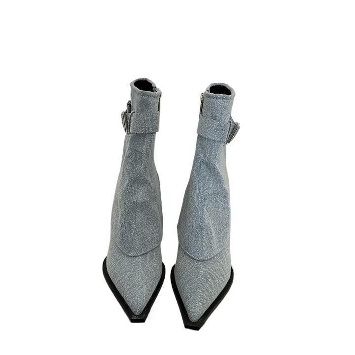 2025 Новый Дизайн Ботильоны на Высоком Каблуке Европейский и Американский Стиль Spice Girls Женские Остроносые Ботильоны на Тонком Каблуке Белые Ботильоны Средней Высоты Голенища для Ношения с Брюками