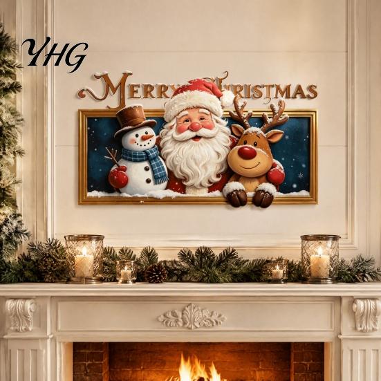 Holiday Background Decals for Shop Christmas Wall Stickers, Santa Claus Reindeer And Snowman with Photo Frame Indoor Ornaments Design, Removable