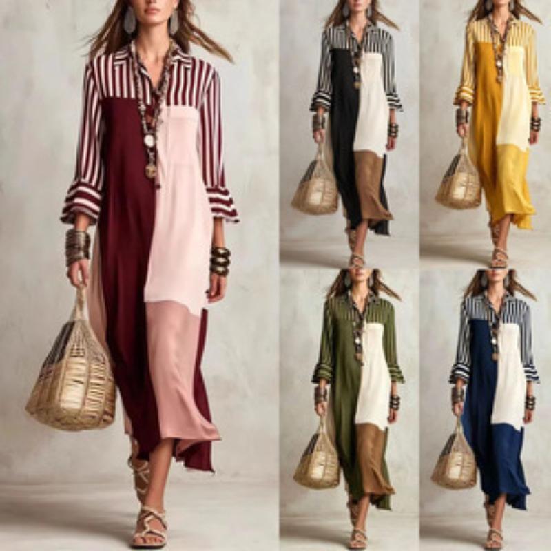 GMXIA Women's Fashion Summer Spring POLO Neck Long Sleeve Solid Color Print Casual Dresses