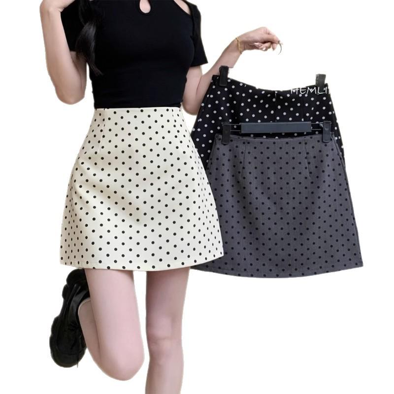 Женская юбка-трапеция большого размера в черный горошек, короткая - Универсальная, облегающая бедра, Подходит для миниатюрных, для весны/осени
