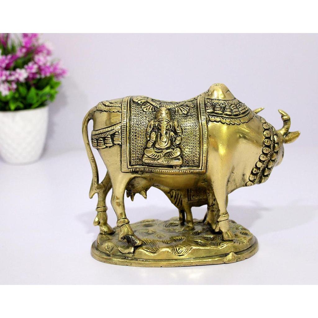 Brass Holy Kamdhenu Kamadhenu Cow and Calf Sculpture - Lucky Figurine Idol Statue Sculpture - 6" Inches