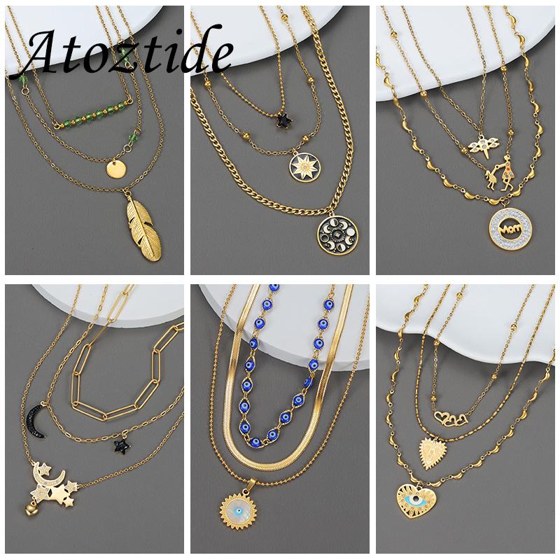 Atoztide Fashion Three-Layer Star Moon Butterfly Pendant Necklace for Women Stainless Steel Multiple Style Necklace Jewelry Gift