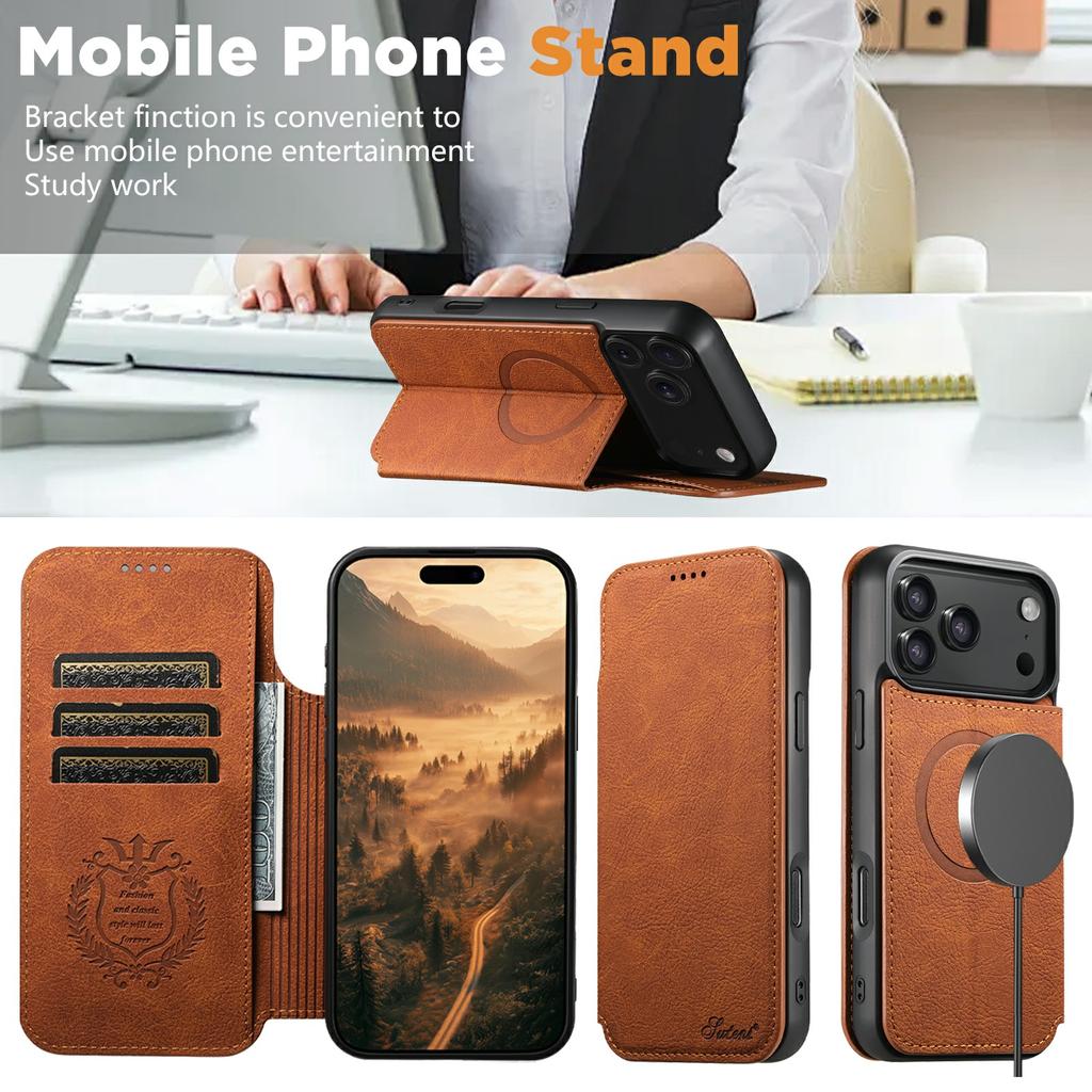 SUTENI J06 For iPhone 17 Pro Max Case Litchi Texture Leather Wallet Phone Shell Compatible with MagSafe