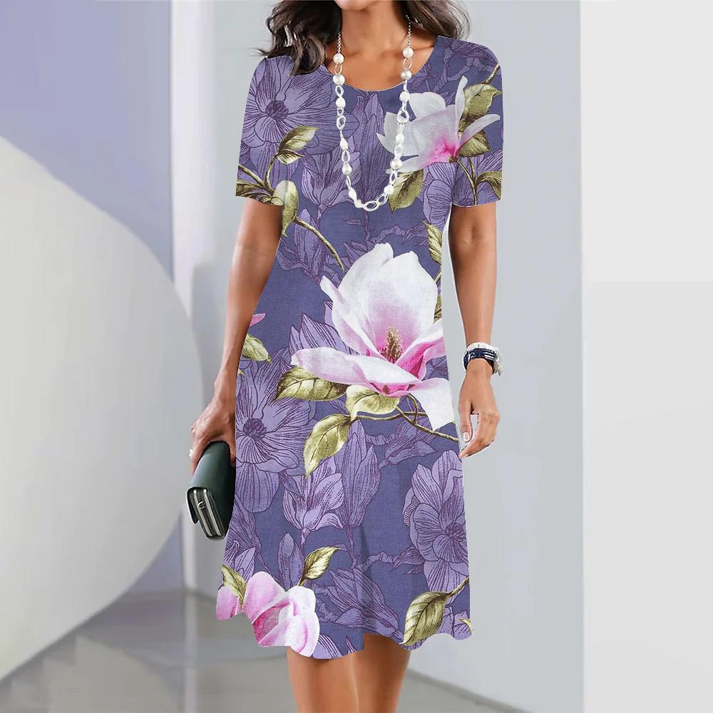 Летнее женское длинное платье с круглым вырезом, длинное платье для женщин, повседневное платье для отдыха на пляже с коротким рукавом, элегантное свободное платье