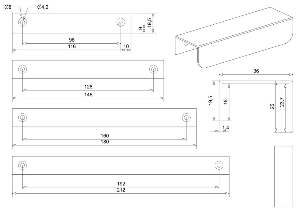 UA07 white rounded edge furniture handle 212 mm for 160/180 cabinet