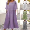 Summer Dress with Pockets Round Neck Loose Waist Short Sleeves Calf Length