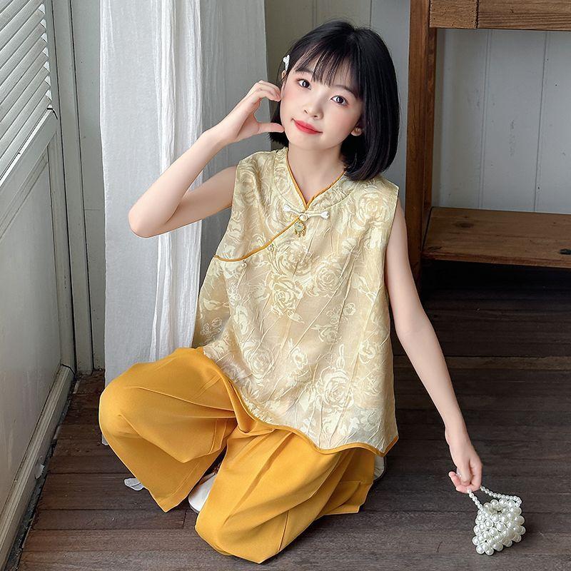 Летний костюм среднего размера для девочки, жилет с вышивкой, брюки с широкими штанинами, модный комплект